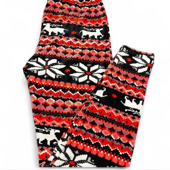 Festive Velour Red and Black Leggings, L - Picture 1 of 8